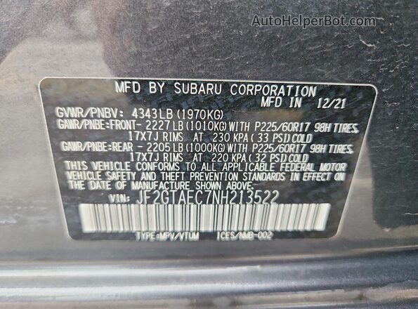 JF2GTAEC7NH213522 2022 SUBARU CROSSTREK Gray Вид наклейки з VIN-кодом