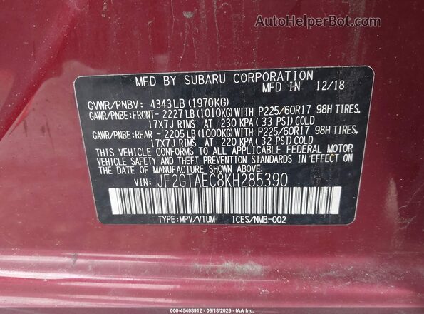JF2GTAEC8KH285390 2019 SUBARU CROSSTREK Red Շարժիչի բաժամունքի տեսք