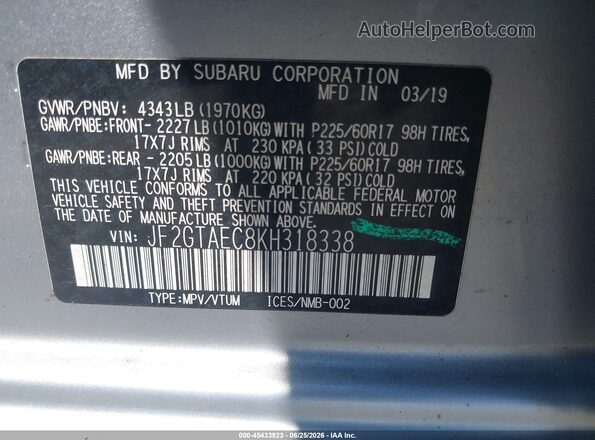 JF2GTAEC8KH318338 2019 SUBARU CROSSTREK Серебряный Вид подкапотного пространства
