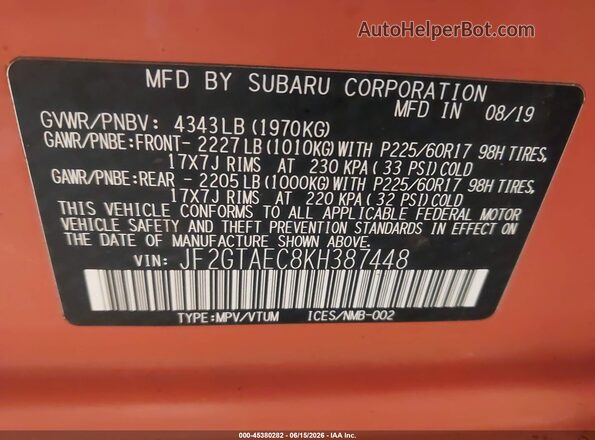JF2GTAEC8KH387448 2019 SUBARU CROSSTREK Orange Շարժիչի բաժամունքի տեսք