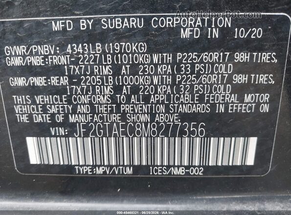 JF2GTAEC8M8277356 2021 SUBARU CROSSTREK Black Engine compartment view