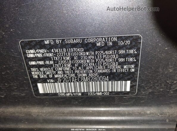 JF2GTAEC8M8280094 2021 SUBARU CROSSTREK Gray Vista del compartimento del motor