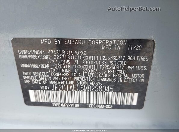 JF2GTAEC8M8298045 2021 SUBARU CROSSTREK Light Blue ძრავის განყოფილების ხედი