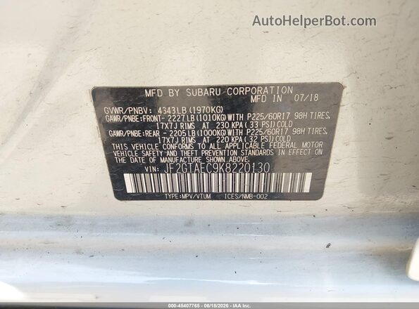 JF2GTAEC9K8220130 2019 SUBARU CROSSTREK White Vista del compartimento del motor