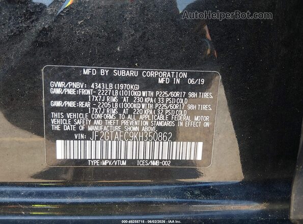JF2GTAEC9KH350862 2019 SUBARU CROSSTREK Black Vista del compartimento del motor