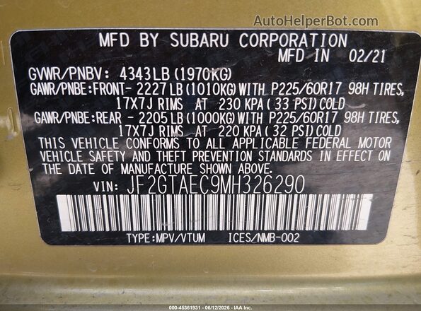 JF2GTAEC9MH326290 2021 SUBARU CROSSTREK Green Widok komory silnika