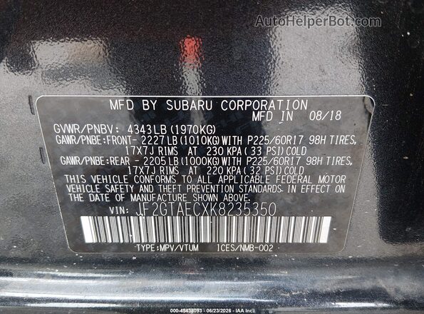 JF2GTAECXK8235350 2019 SUBARU CROSSTREK Черный Вид подкапотного пространства