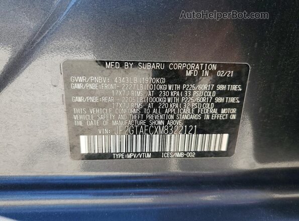 JF2GTAECXM8322121 2021 SUBARU CROSSTREK Серый Вид наклейки с VIN-кодом