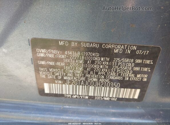 JF2GTAJC0JH210350 2018 SUBARU CROSSTREK Синий Вид подкапотного пространства