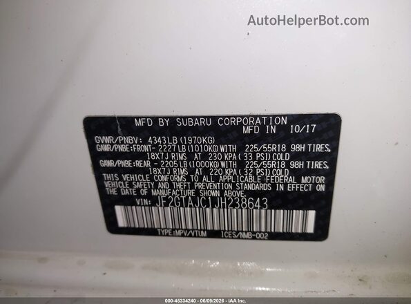 JF2GTAJC1JH238643 2018 SUBARU CROSSTREK White Vista del compartimento del motor