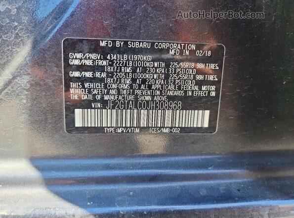 JF2GTALC0JH308968 2018 SUBARU CROSSTREK Black Շարժիչի բաժամունքի տեսք