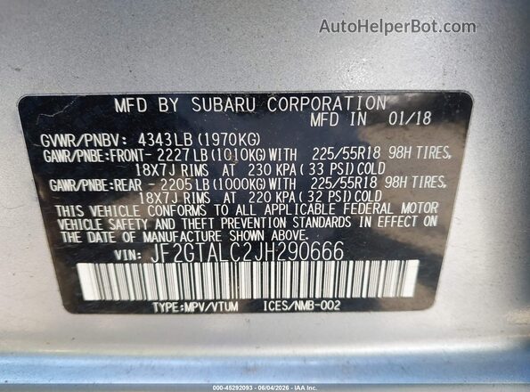 JF2GTALC2JH290666 2018 SUBARU CROSSTREK Silver Widok komory silnika