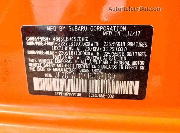 JF2GTALC7J8263169 2018 SUBARU CROSSTREK Orange VIN կոդի պիտակի տեսք