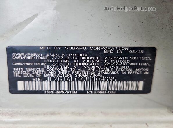 JF2GTALC7JH309695 2018 SUBARU CROSSTREK Белый 