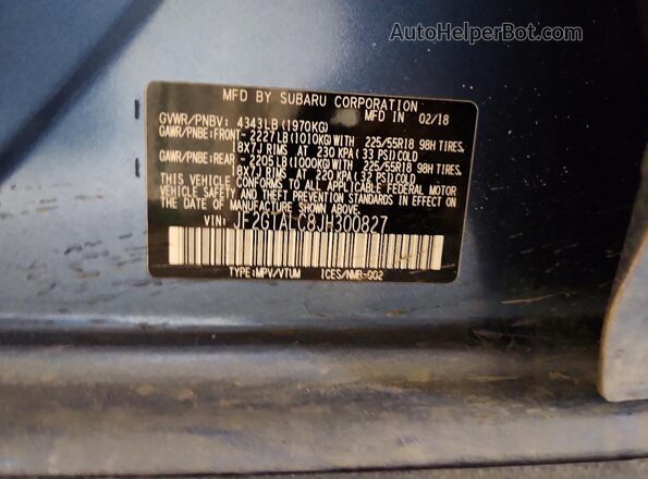 JF2GTALC8JH300827 2018 SUBARU CROSSTREK Blue VIN կոդի պիտակի տեսք