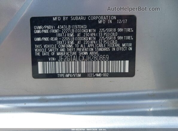 JF2GTALCXJH280869 2018 SUBARU CROSSTREK Silver 