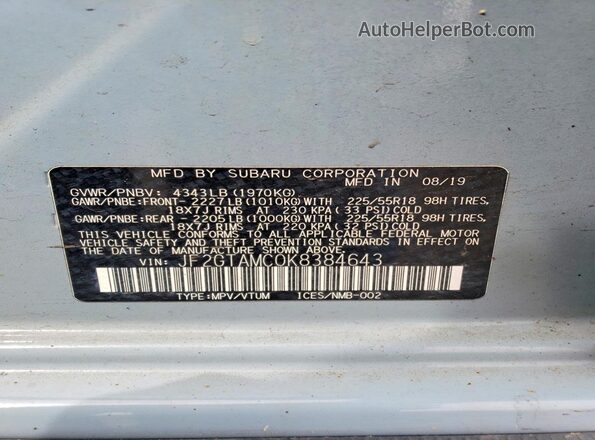 JF2GTAMC0K8384643 2019 SUBARU CROSSTREK Gray 