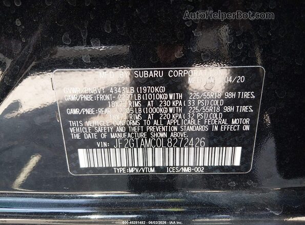 JF2GTAMC0L8272426 2020 SUBARU CROSSTREK Black Вид підкапотного простору