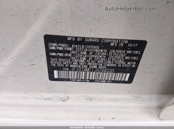 JF2GTAMC1JH244020 2018 SUBARU CROSSTREK White ძრავის განყოფილების ხედი