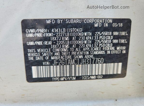 JF2GTAMC1JH317760 2018 SUBARU CROSSTREK White 