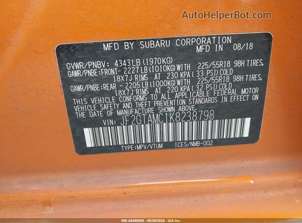 JF2GTAMC1K8238798 2019 SUBARU CROSSTREK Orange ძრავის განყოფილების ხედი