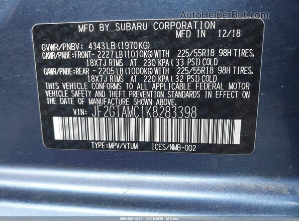 JF2GTAMC1K8283398 2019 SUBARU CROSSTREK Blue Widok komory silnika