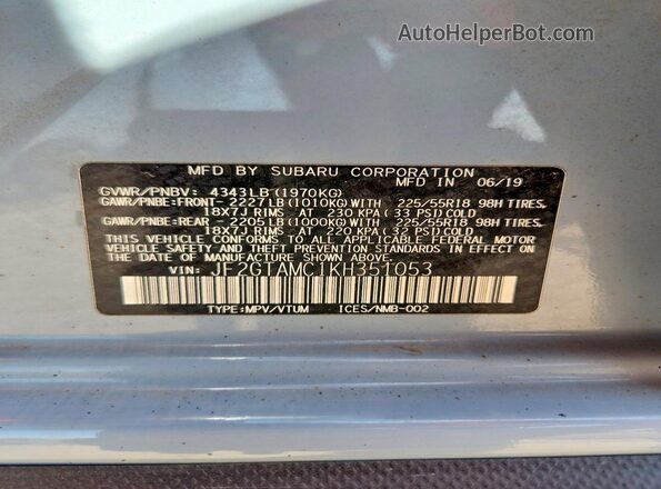 JF2GTAMC1KH351053 2019 SUBARU CROSSTREK Blue Вид наклейки з VIN-кодом