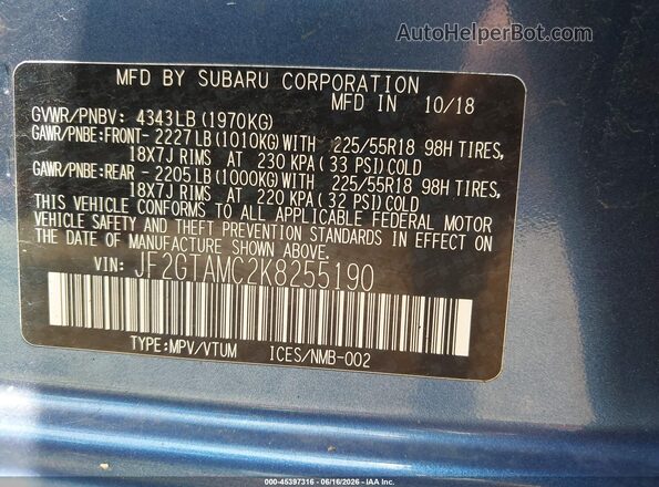 JF2GTAMC2K8255190 2019 SUBARU CROSSTREK Blue Widok komory silnika