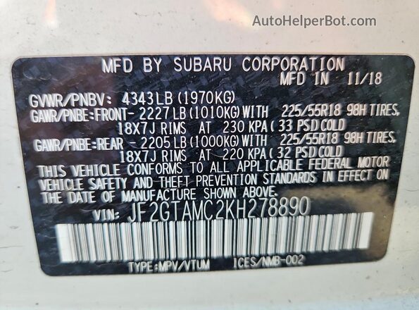 JF2GTAMC2KH278890 2019 SUBARU CROSSTREK White 