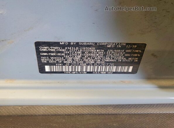JF2GTAMC2L8226726 2020 SUBARU CROSSTREK Blue VIN კოდის სტიკერის ხედი