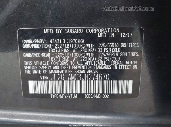 JF2GTAMC3JH274670 2018 SUBARU CROSSTREK Gray 