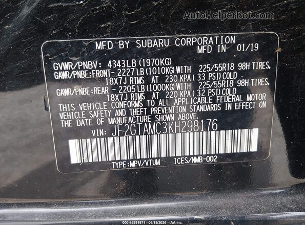 JF2GTAMC3KH298176 2019 SUBARU CROSSTREK Black ძრავის განყოფილების ხედი
