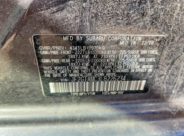 JF2GTAMC3L8226234 2020 SUBARU CROSSTREK Gray Engine compartment view