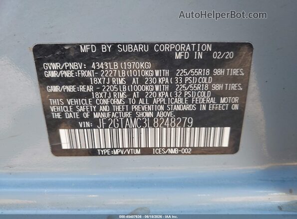 JF2GTAMC3L8248279 2020 SUBARU CROSSTREK Синий Вид подкапотного пространства
