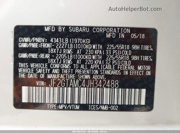 JF2GTAMC4JH342488 2018 SUBARU CROSSTREK White Widok komory silnika