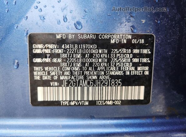 JF2GTAMC6JH291835 2018 SUBARU CROSSTREK Синий Вид наклейки с VIN-кодом