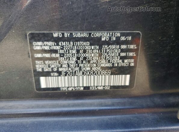 JF2GTAMC6K8200869 2019 SUBARU CROSSTREK Charcoal Vista de la etiqueta del VIN