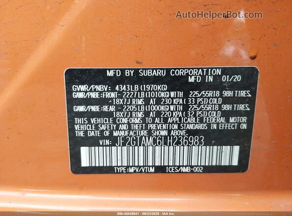 JF2GTAMC6LH236983 2020 SUBARU CROSSTREK Orange Widok komory silnika