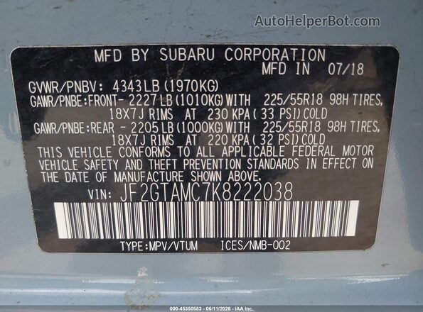 JF2GTAMC7K8222038 2019 SUBARU CROSSTREK Light Blue Вид подкапотного пространства