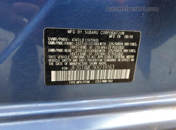JF2GTAMC7KH239163 2019 SUBARU CROSSTREK Blue 
