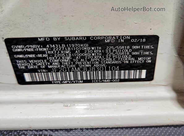 JF2GTAMC8J8301104 2018 SUBARU CROSSTREK White 