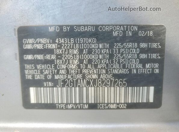 JF2GTAMCXJ8297265 2018 SUBARU CROSSTREK Silver Սալոնի 360 աստիճան տեսք