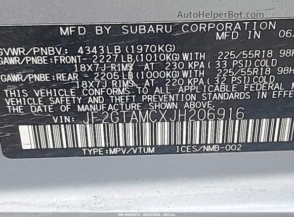 JF2GTAMCXJH206916 2018 SUBARU CROSSTREK Gray Engine compartment view