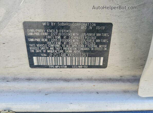 JF2GTAMCXK8311263 2019 SUBARU CROSSTREK White VIN კოდის სტიკერის ხედი
