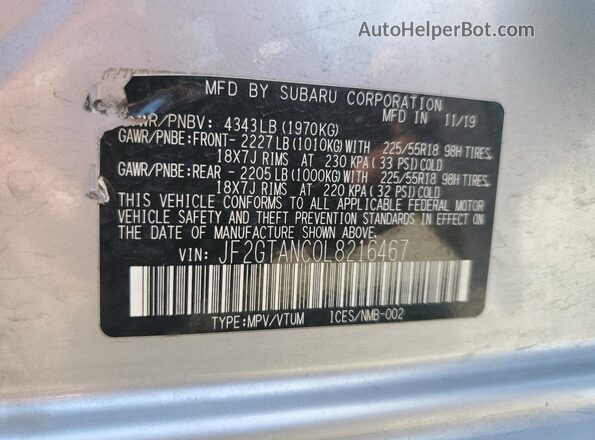 JF2GTANC0L8216467 2020 SUBARU CROSSTREK Серебряный Вид наклейки с VIN-кодом