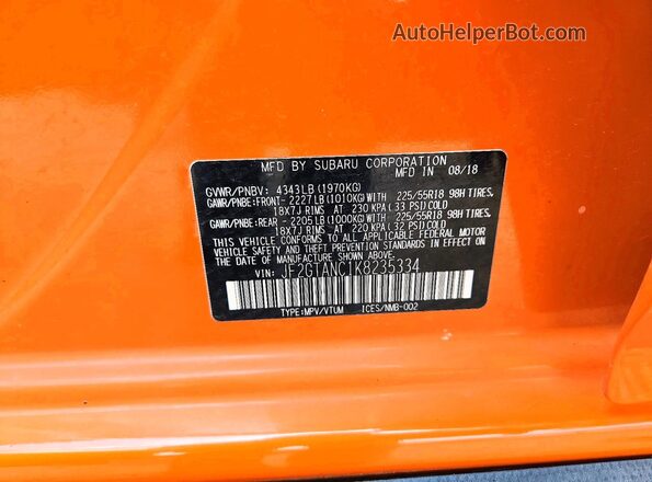 JF2GTANC1K8235334 2019 SUBARU CROSSTREK Orange VIN sticker view