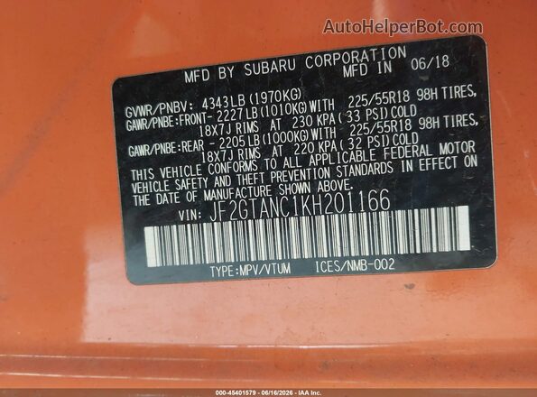 JF2GTANC1KH201166 2019 SUBARU CROSSTREK Orange Widok komory silnika