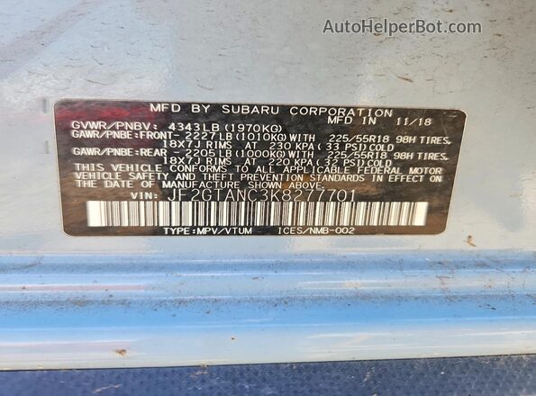 JF2GTANC3K8277701 2019 SUBARU CROSSTREK Teal 