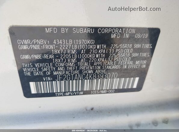 JF2GTANC4K8393070 2019 SUBARU CROSSTREK White Widok komory silnika
