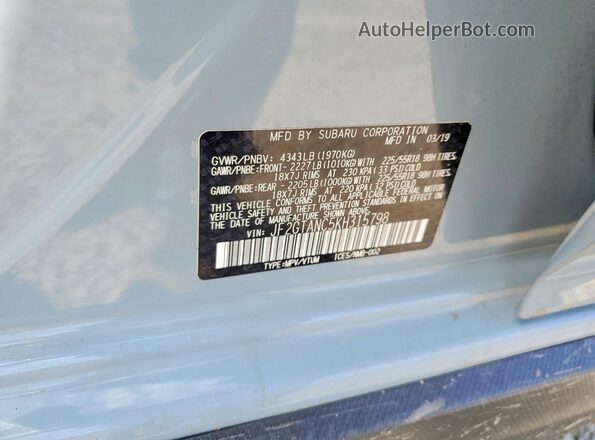 JF2GTANC5KH315798 2019 SUBARU CROSSTREK Gray VIN კოდის სტიკერის ხედი